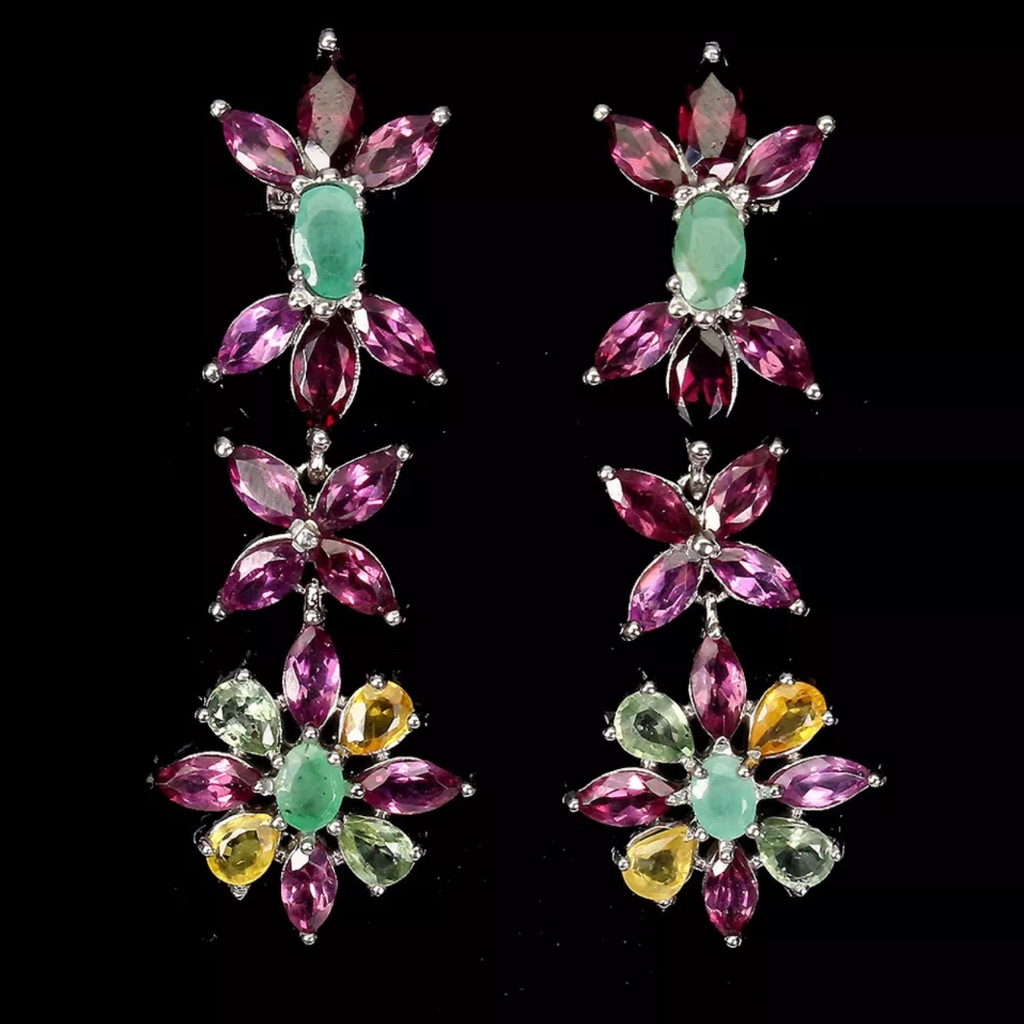 Natural Unheated Oval Emerald 6x3mm Rhodolite Sapphire 925 Silver Earrings